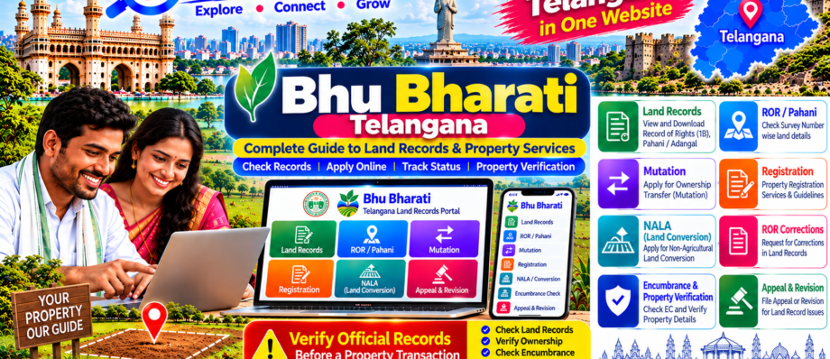 Bhu Bharati Telangana guide showing land records, ROR Pahani, mutation, registration, NALA and property verification – TopTelangana
